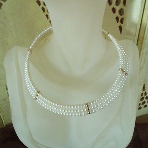 Triple strand, Gold Accent, Wire strung Seed Pearls